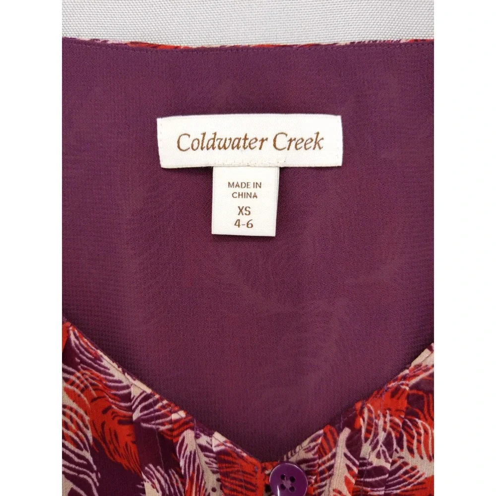 Coldwater Creek Blouse Women XS Red Purple Feather Print Pleated Chiffon Tank
